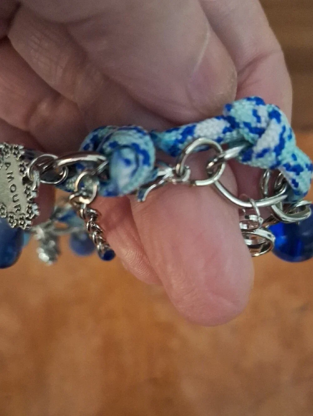 Silver Chain Charm Bracelet with Blue Glass Beads